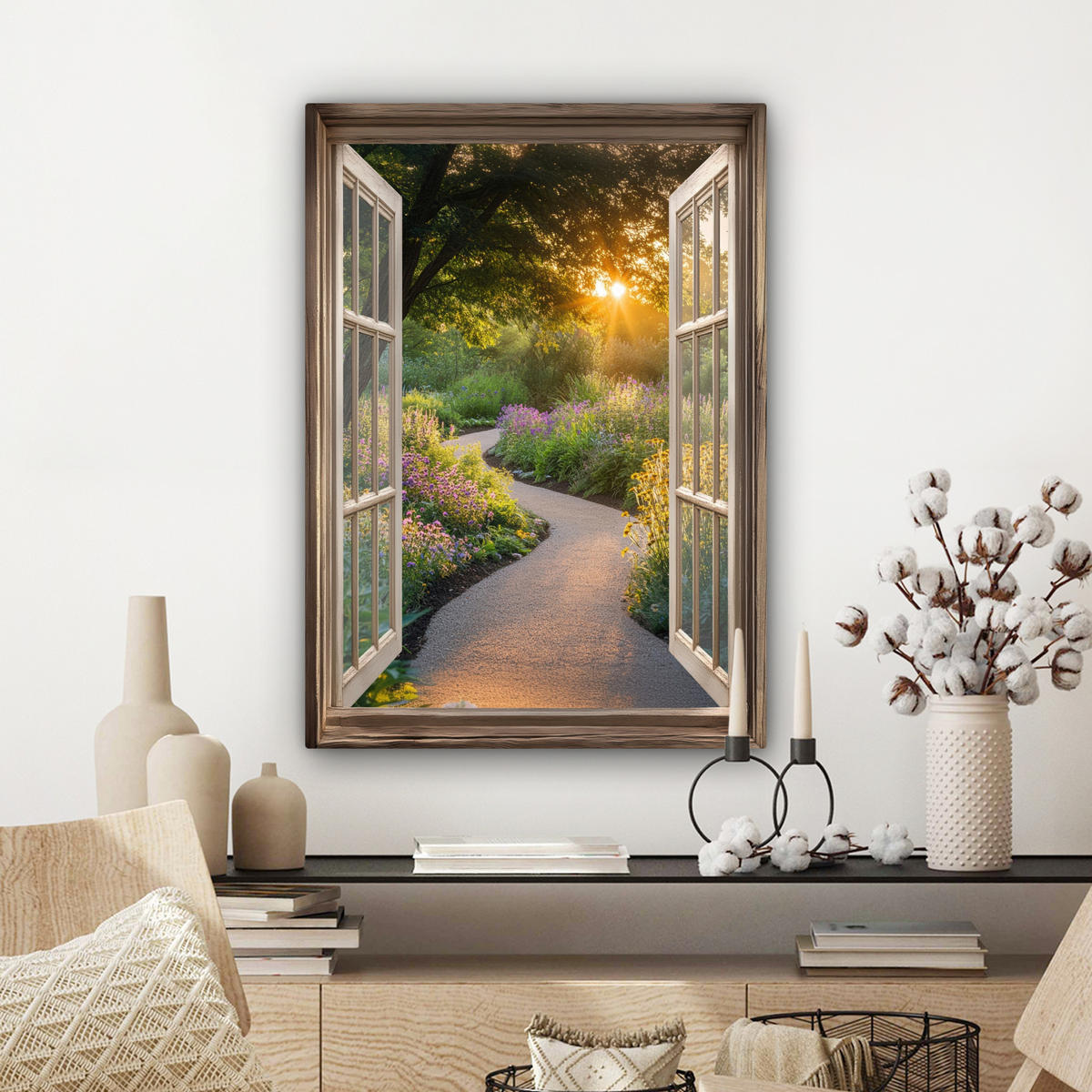 LEINWANDBILD Aussicht - Blumen - Natur - Sonne - Weg 60x80 cm - Hellgelb, Textil (60/80cm) - MuchoWow