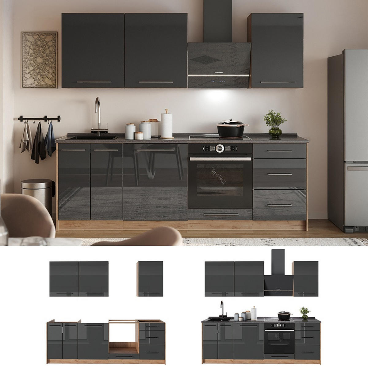KÜCHENZEILE Fame-Line, Anthrazit Hochglanz/Goldkraft Eiche, 230 cm, AP Eiche - Honigeiche/Schwarz Hochglanz, Holzwerkstoff (230/82/60cm) - Vicco