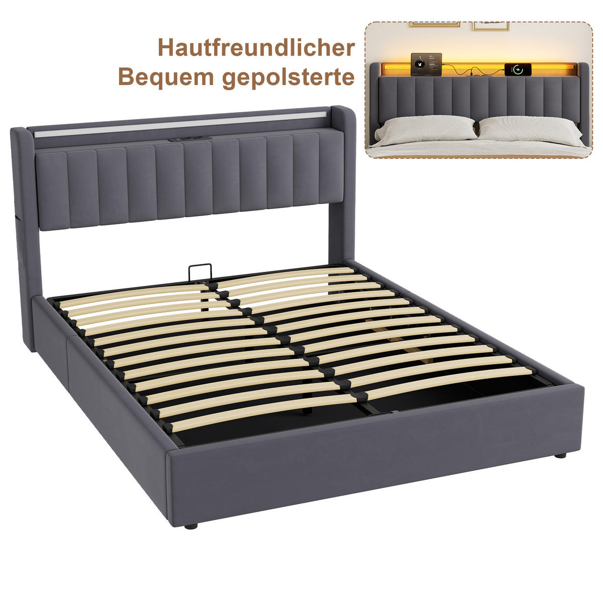 POLSTERBETT 160/200 cm in Grau, mit Bettkasten, Stauraum, USB und LED Beleuchtung, ohne Matratze - Grau, Holzwerkstoff/Textil (160/200cm) - WISHDOR