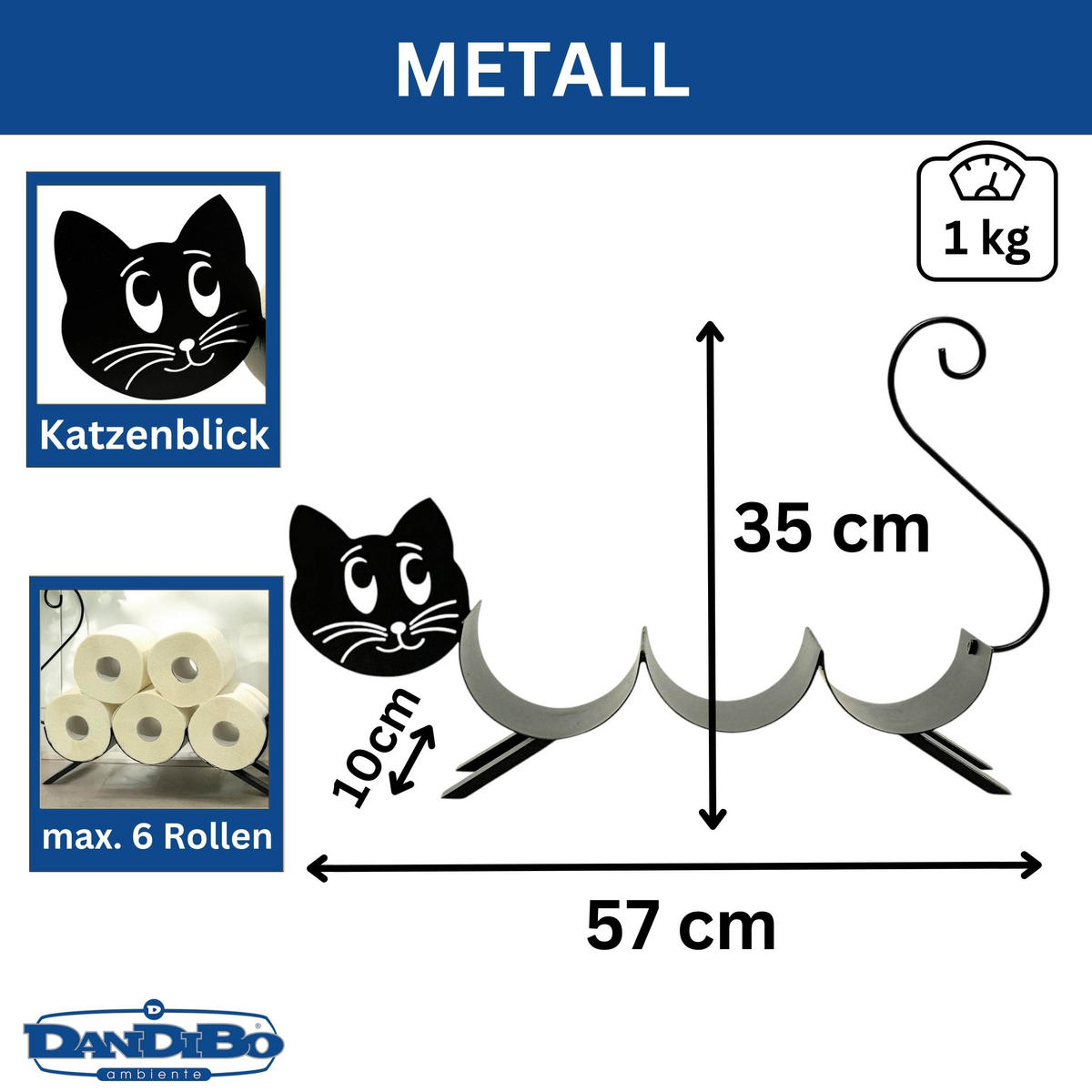 TOILETTENPAPIERHALTER Katze Schwarz Metall - Schwarz, Metall (57/35/10cm) - DanDiBo