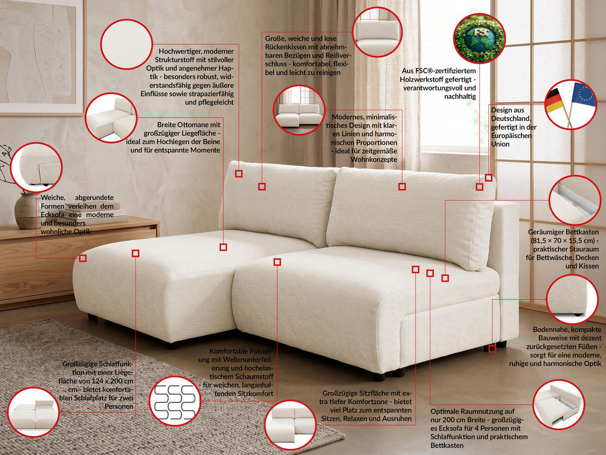 ECKSOFA Sora mit Schlaffunktion, Bettkasten und extra tiefer Komfortzone aus hochwertigem Hellbeige Strukturstoff - Beige/Schwarz, Holz/Kunststoff (140/200cm) - S-Style