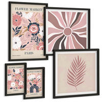 BILDER SET 5er Set - 50x50 cm & 20x30 cm & 40x60 cm Schwarzer Rahmen - Blumenmuster, Blätter, Geometrie - Schwarz, Kunststoff (40/60cm) - TULUP