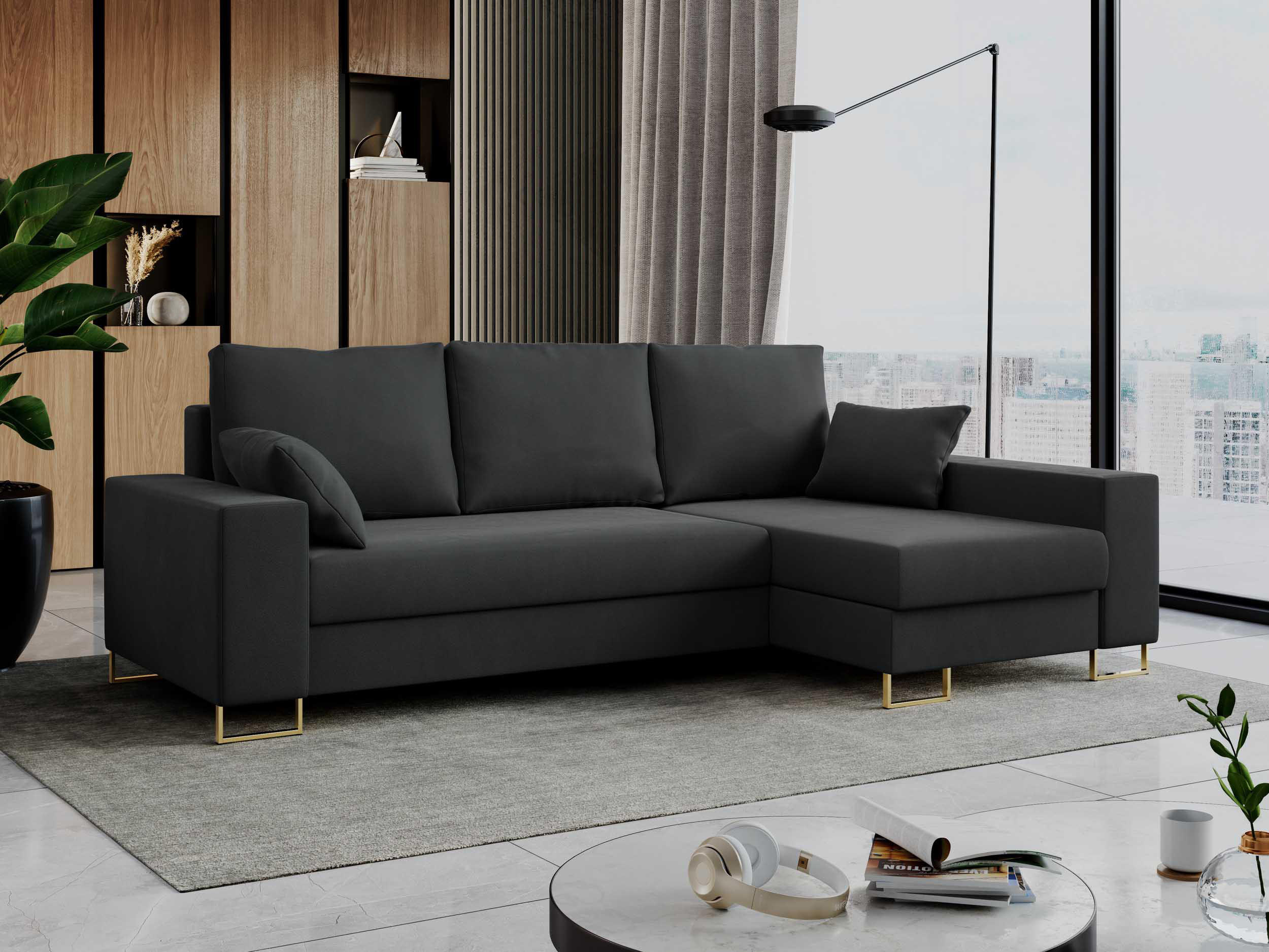 ECKSOFA Dorian Velvet Dunkelgrau - Dunkelgrau/Goldfarben, Textil/Metall (242/138cm) - MKS