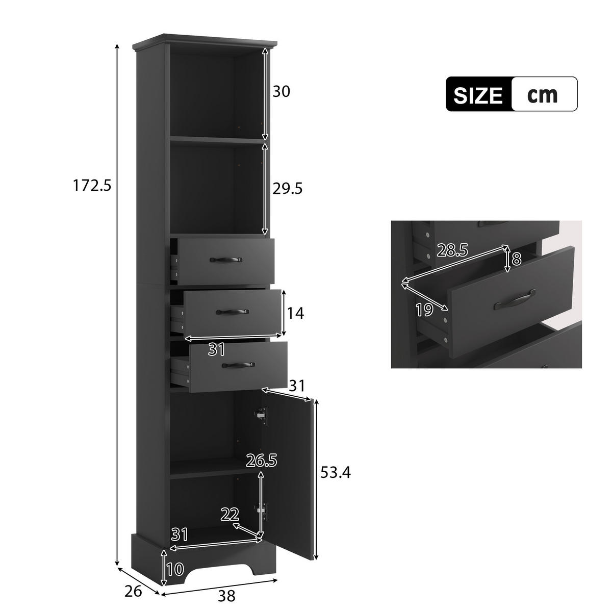 HOCHSCHRANK Schwarz mit 3 Schubladen, 1 Tür und verstellbaren Einlegeböden 38/26/172,5 cm - Schwarz, Holzwerkstoff (38/172.5/26cm) - PANGIVO
