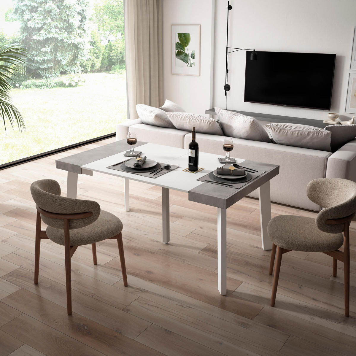 KONSOLENTISCH ausziehbar 58 bis 160cm, für 8 Gäste, weiß zementgrau, 90/58/73cm - Weiß/Grau, Holzwerkstoff (90/160/73cm) - Skraut Home