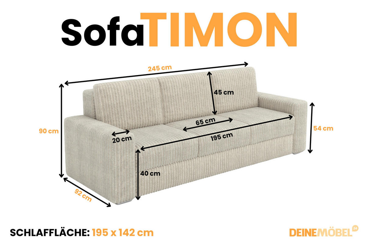 SOFA TIMON 245cm breit in Cord Beige - Beige, Holz/Holzwerkstoff (245/90/92cm) - Deine Möbel 24
