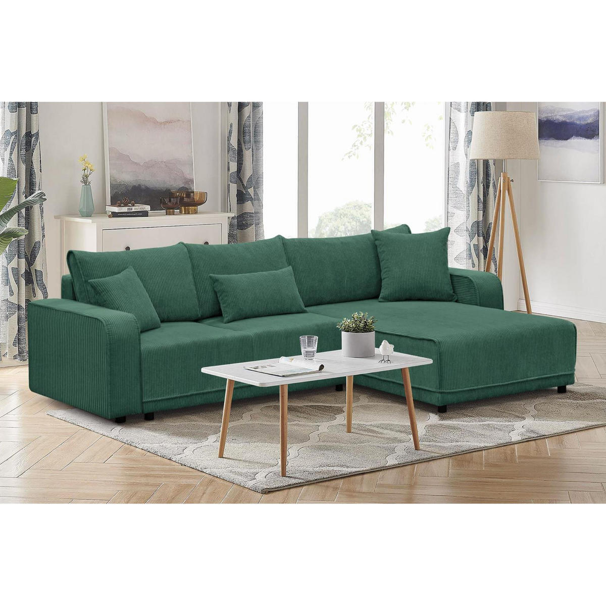 ECKSCHLAFSOFA Primo L dunkelgrün - Dunkelgrün/Schwarz, Textil (290/185cm) - Beautysofa
