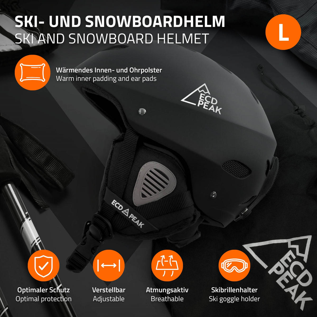 LYŽAŘSKÁ PŘILBA pro muže a ženy, robustní snowboardová přilba, černá, velikost L, 58–61 cm - černá, plast (30/24cm) - ECD-Germany