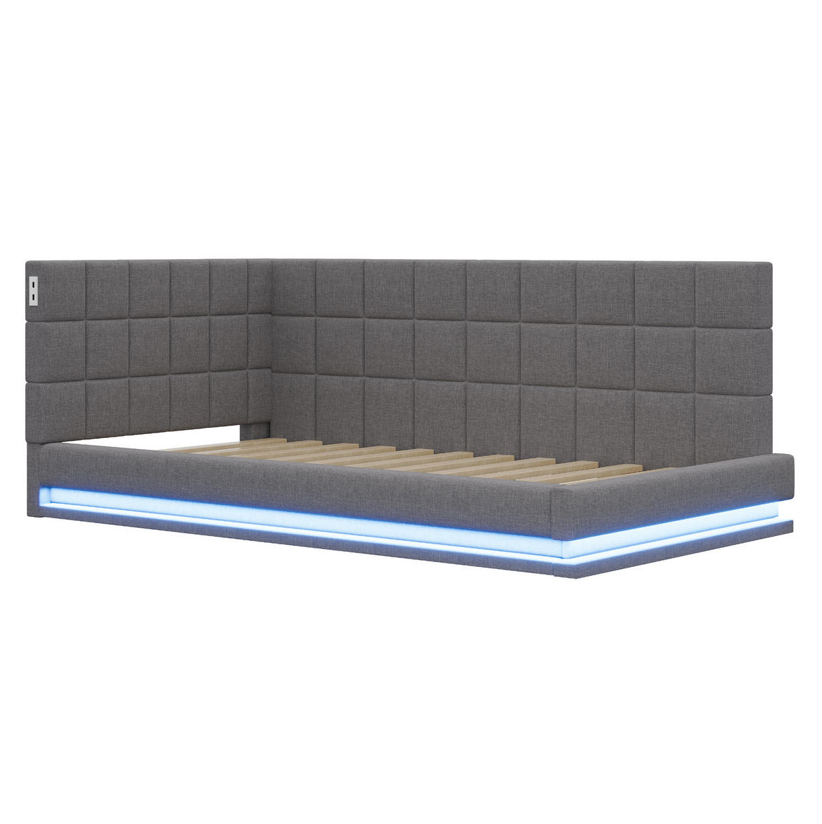 POLSTERBETT mit LED-Beleuchtung 90/200 cm mit USB und Lattenrost, Grau - Grau, Textil (90/200cm) - BEAOK