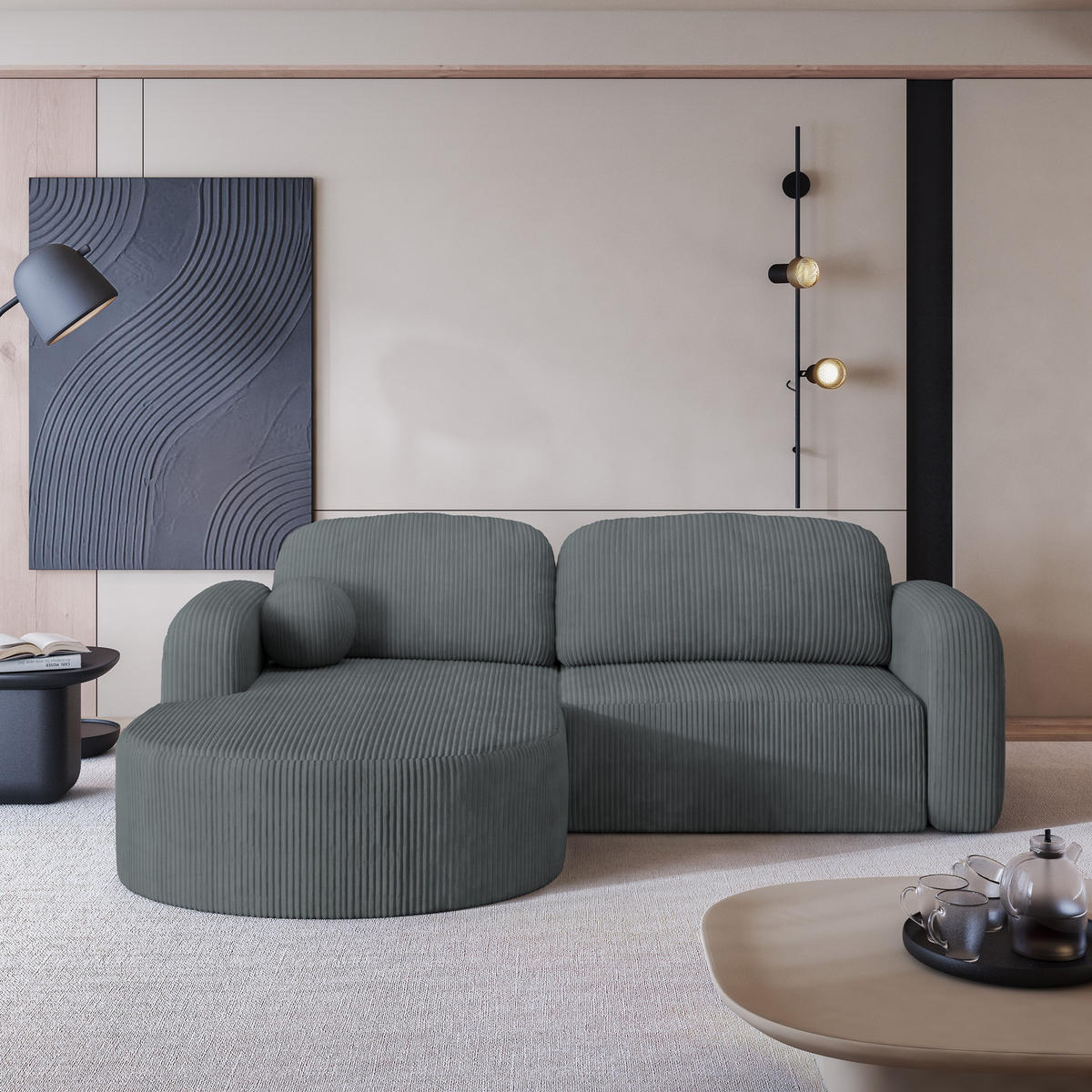 ECKSOFA AMILIA P L-S Grau Kordstoff mit Schlaffunktion - Grau, Holz (263/174cm) - MASSENO