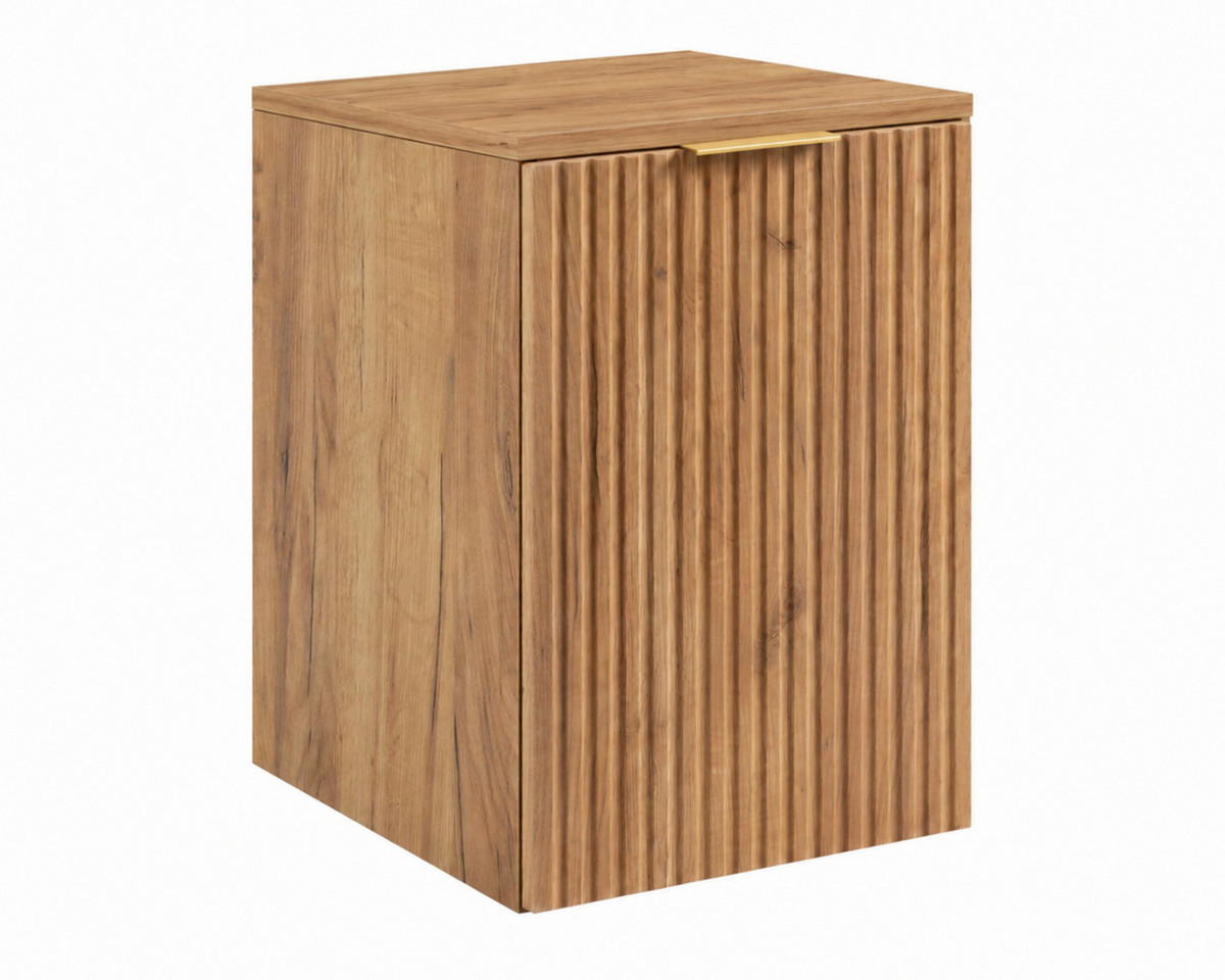 BADEZIMMERSCHRANK MIT WÄSCHEKORB: Craft-Eiche / Platte Craft-Eiche, Griff Gold, 40 x 46 x 58,6 cm - Eichefarben, Holzwerkstoff (40/58.6/46cm) - 3XE LIVING