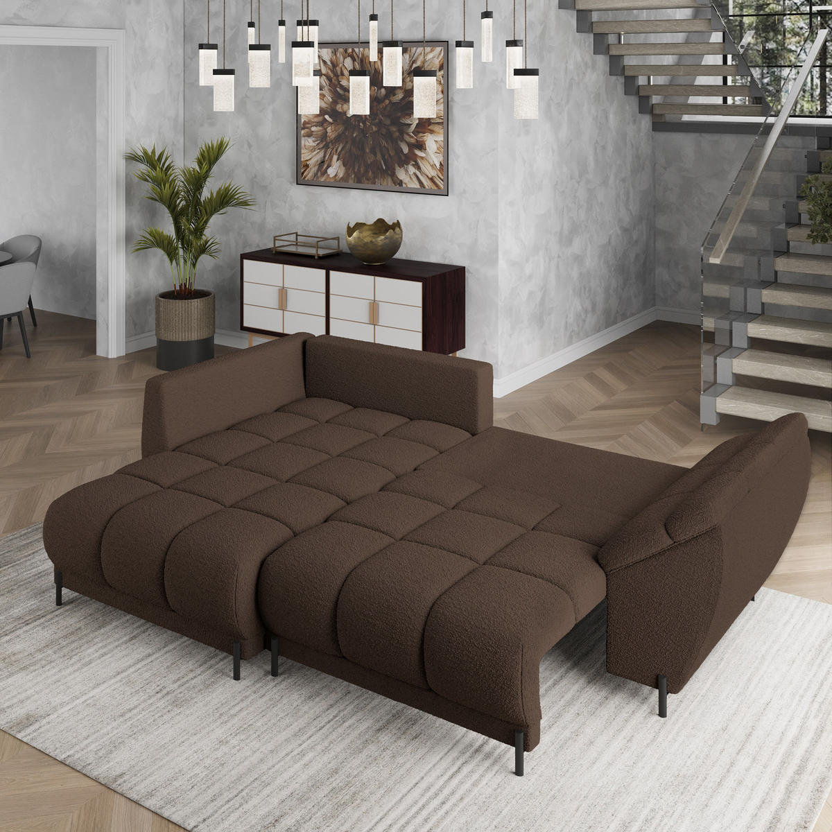 ECKSOFA VESTANO L-S Braun Boucle-Stoff mit Schlaffunktion - Braun, Holz (287/182cm) - MASSENO