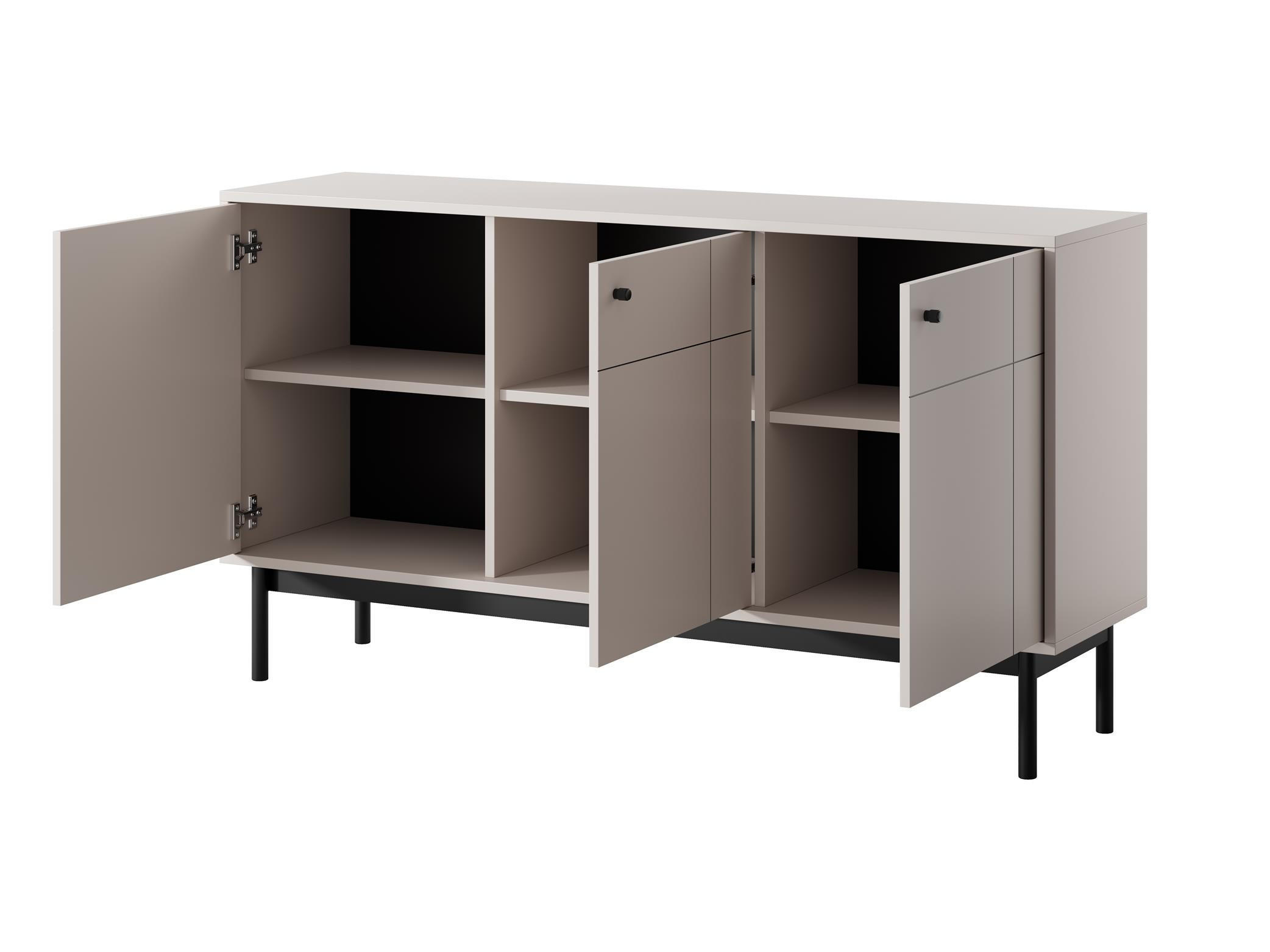 KOMMODE Panda Beige, Schwarze Beine, Dreitürige mit Schubladen - Beige/Schwarz, Holzwerkstoff (154/84/39cm) - Bettso
