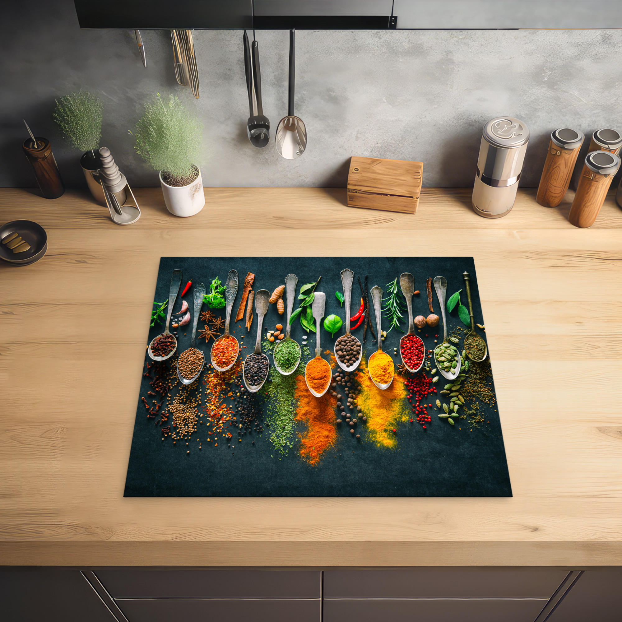 HERDABDECKPLATTE Kräuter - Gewürze - Löffel 59x51 cm - Multicolor, Kunststoff (59/0.2/51cm) - MuchoWow