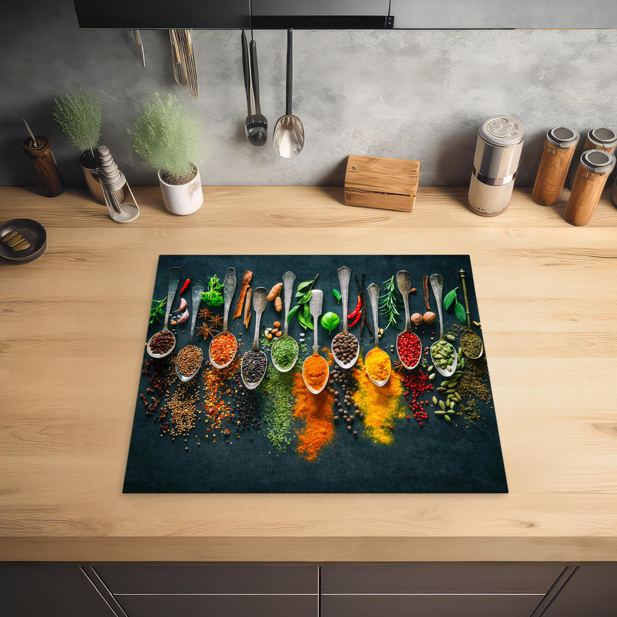 HERDABDECKPLATTE Kräuter - Gewürze - Löffel 59x52 cm - Multicolor, Kunststoff (59/0.2/52cm) - MuchoWow