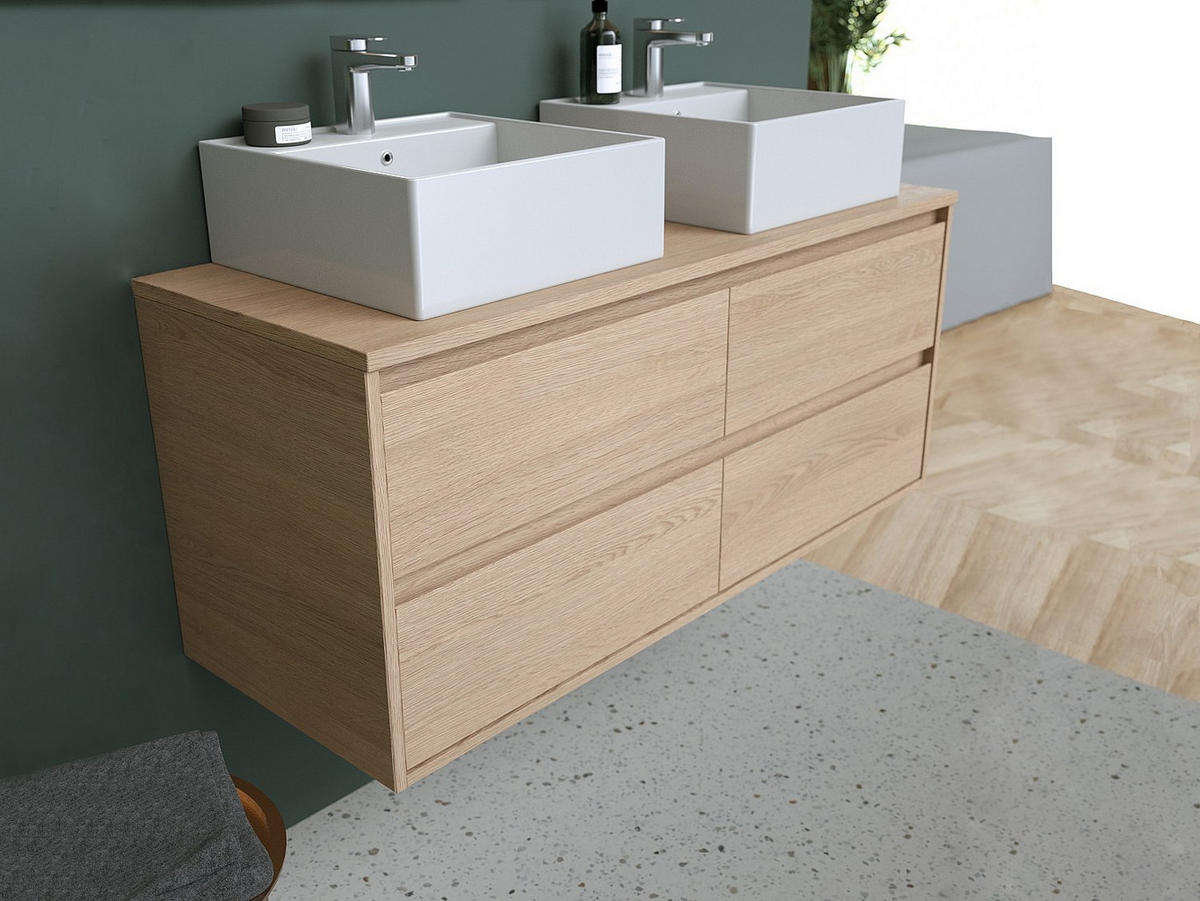 DOPPELWASCHTISCH - 120 cm x 45 cm - Holz, Platte, Keramik - Naturfarben Hell - MILIPAM - Naturfarben, Keramik/Holz (120/50/45cm) - Vente-Unique
