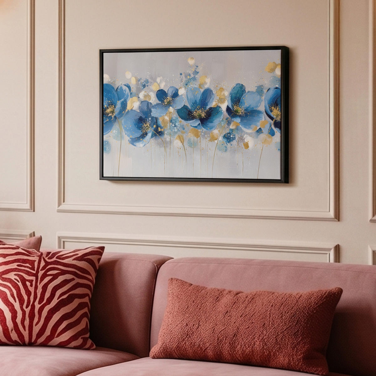 LEINWAND Bilder mit Rahmen - Blumen - Blau - Abstrakt - 60x40 - Hellgrau, Textil (60/40cm) - MuchoWow