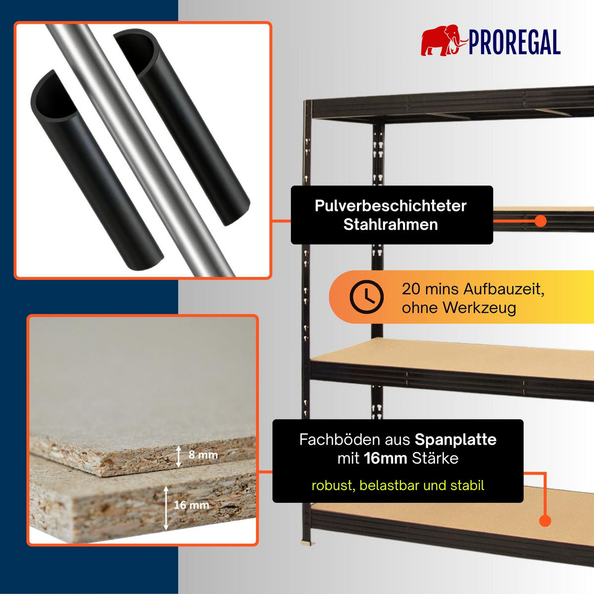 SCHWERLASTREGAL Rhino 180x160x60 cm 4 Spanplatten-Ebenen 16mm Fachlast 500 kg Schwarz - Schwarz, Metall (160/180/60cm) - PROREGAL