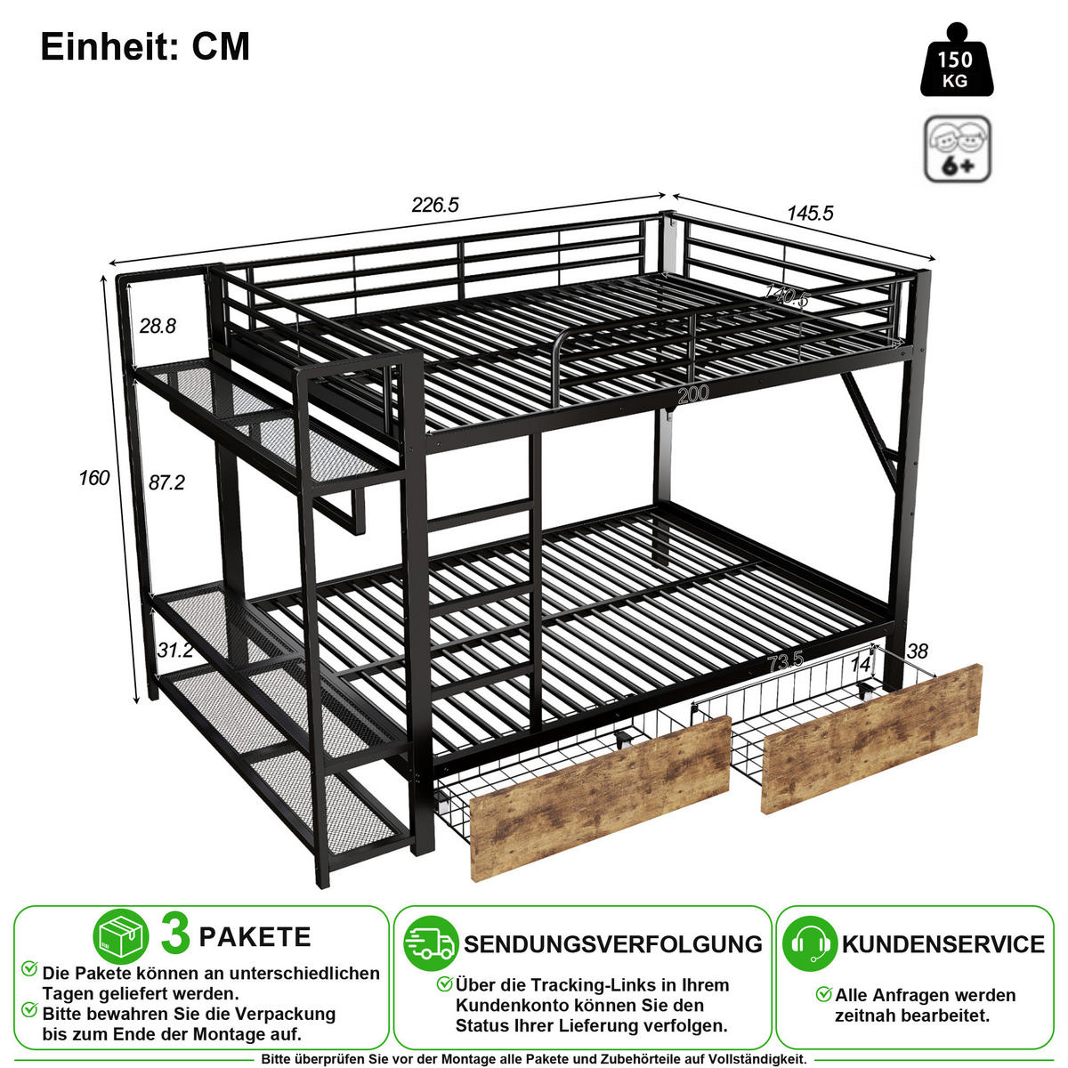ETAGENBETT 140/200 cm in Schwarz mit 2 Schubladen, LED, Regal und Kleiderstange - Schwarz, Holzwerkstoff/Metall (140/200cm) - CHICFURN