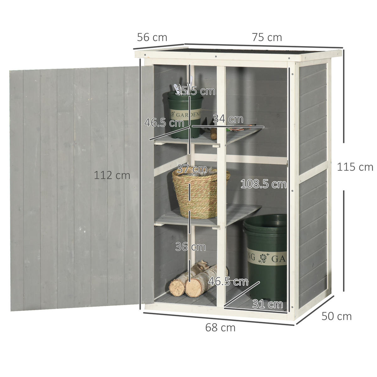 GARTENSCHRANK Regalböden Schwarz-Grau-Weiß - Grau, Holz (56/115/75cm) - ComfortXL