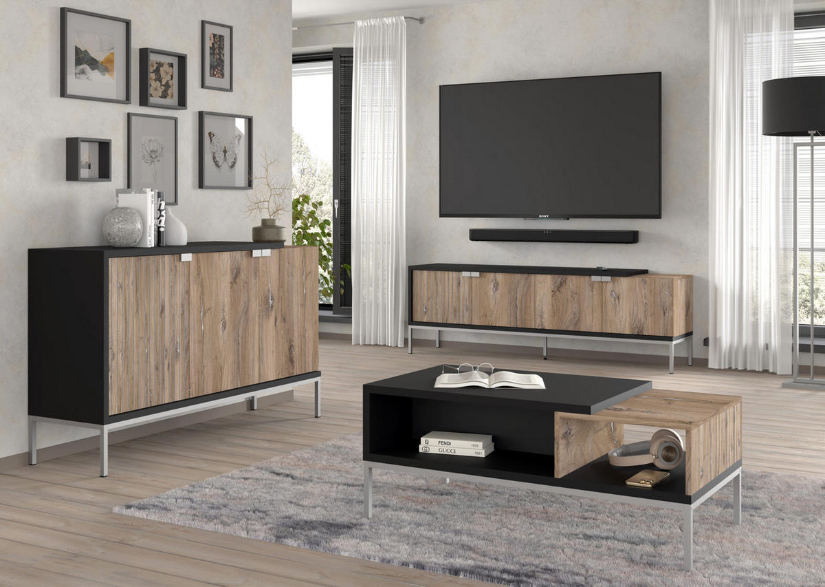TV LOWBOARD Flagstaff Eiche, Schwarz 190/62/42 - Schwarz, Holzwerkstoff (190/62/42cm) - RAUMHIRSCH FURNITURE
