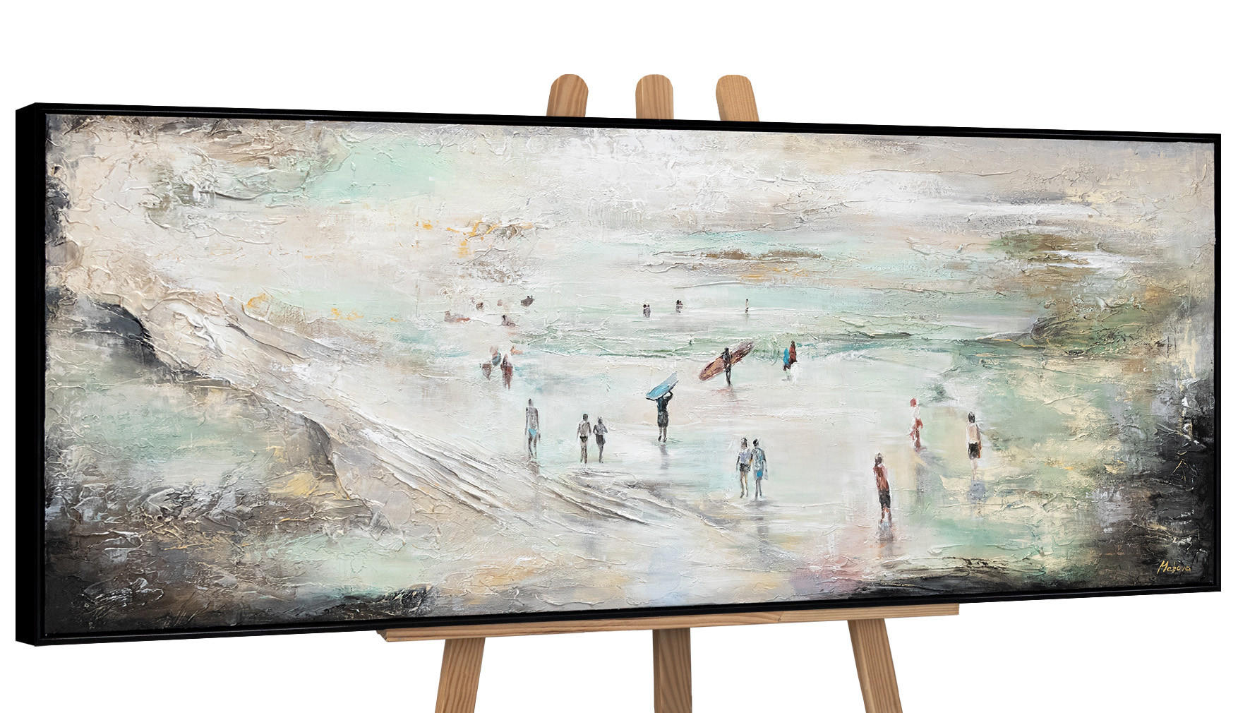GEMÄLDE Wellenreiten Schattenfugenrahmen Schwarz 150x50 cm - Schwarz, Holz (150/50cm) - YS-art gallery