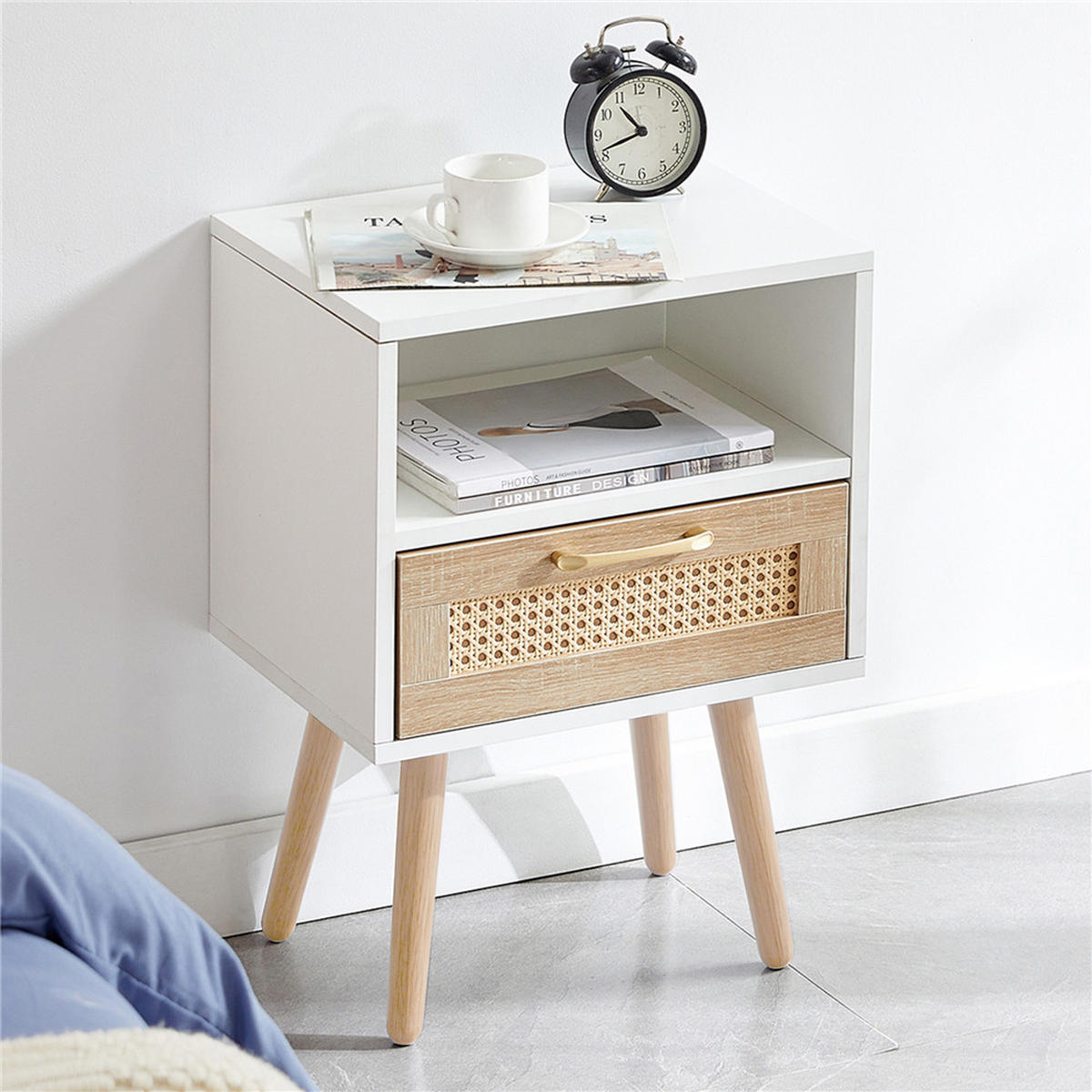 NACHTTISCH Rattan 40/55/30 cm mit Schublade Massivholzbeine Weiß - Weiß, Holz (40/56/30cm) - Kaket