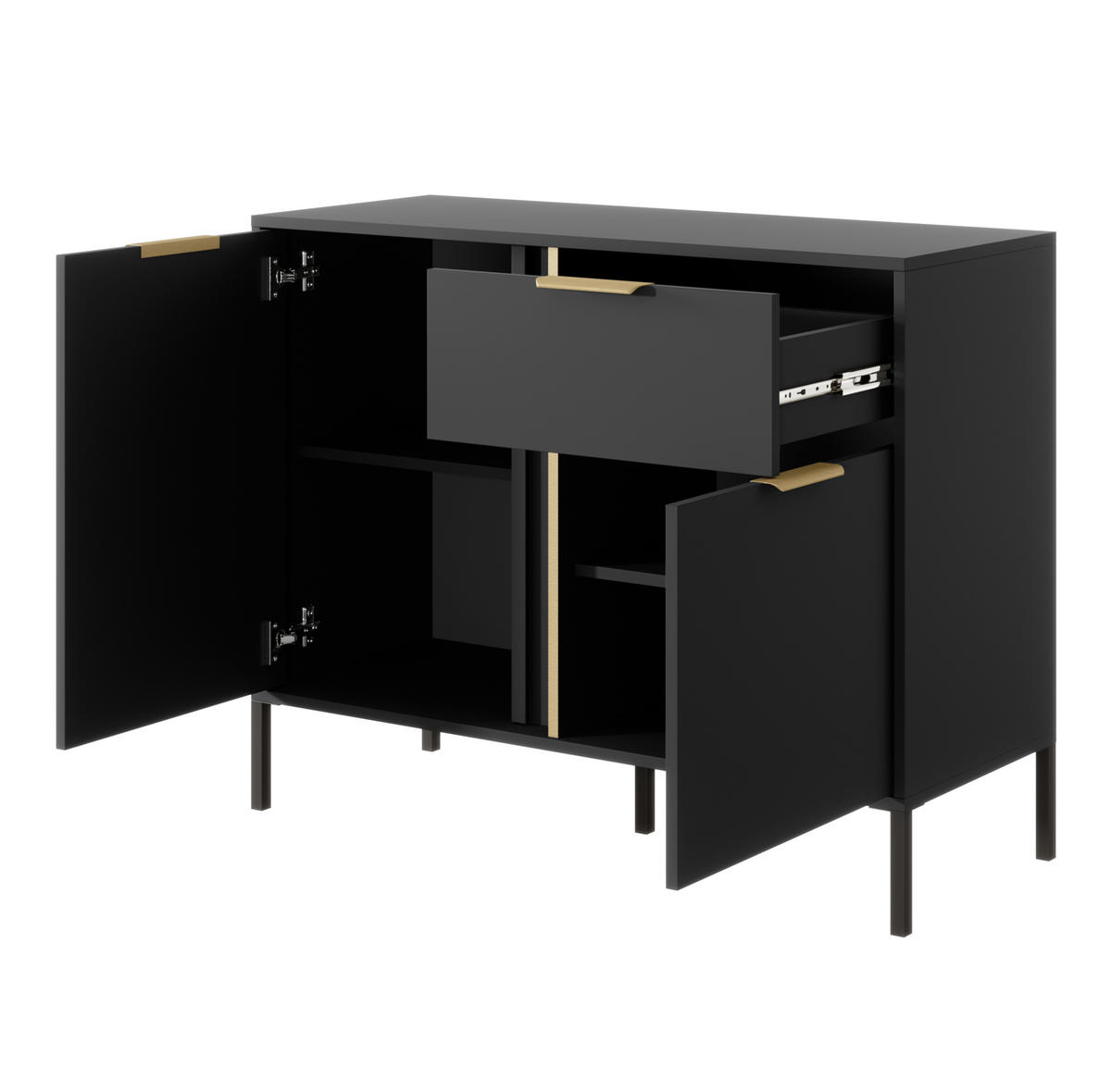 SIDEBOARD Catanian 2T 1S Grau 103,3/81,4/39,5 cm – mit goldenen Griffen und schwarzen Beinen - Schwarz/Grau, Holzwerkstoff/Metall (103.3/81.4/39.5cm) - AX Living