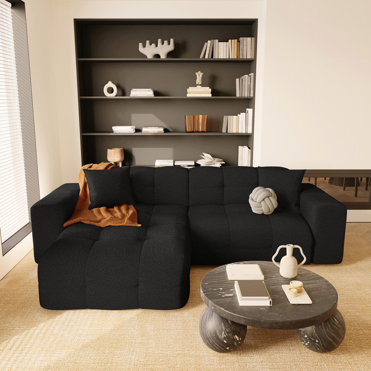 ECKSOFA LINKS Bouclé-Stoff Dunkles Anthrazit 230cm - Anthrazit, Textil (155/230cm) - Sia Home