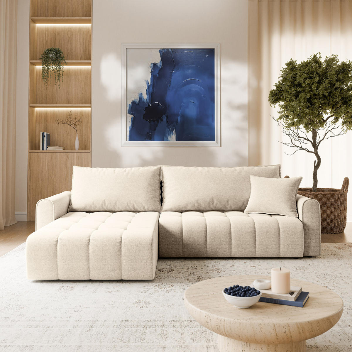 ECKSOFA FRIGA Creme Strukturstoff mit Schlaffunktion - Creme, Holz (283/185cm) - MASSENO