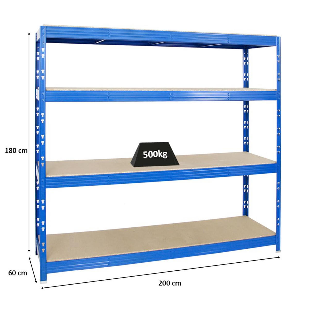 SCHWERLASTREGAL Rhino 180x200x60 cm 4 Spanplatten-Ebenen 16mm Fachlast 500 kg Blau - Blau, Metall (200/180/60cm) - PROREGAL