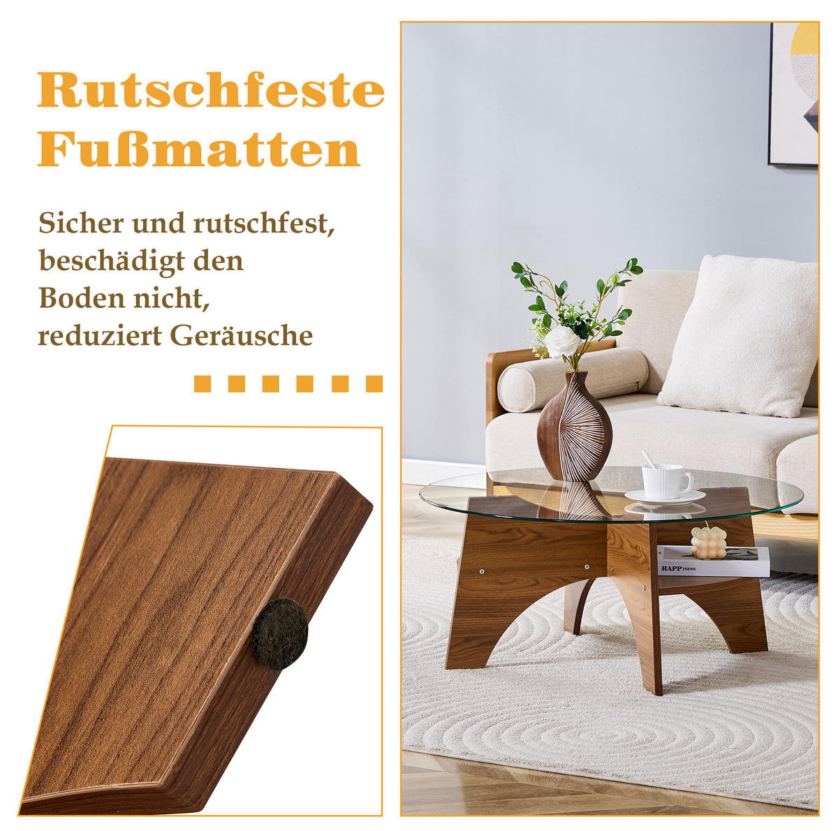 BEISTELLTISCH 80/36 cm aus Glas in Transparent/Walnuss mit fächerförmigem Gestell - Walnussfarben, Holzwerkstoff (80/80/36cm) - Flora Grace