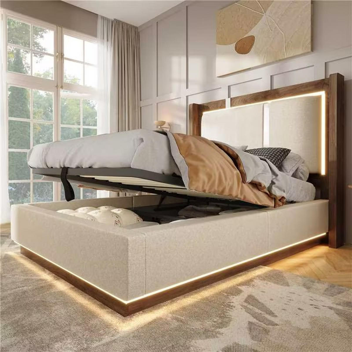 STAURAUMBETT 90/200 cm DE-32469 mit LED Beige - Beige, Holz (90/200cm) - ComfortXL