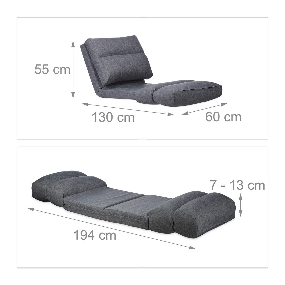 RELAXLIEGE - Anthrazit, Holzwerkstoff/Textil (60/55/130cm) - Relaxdays