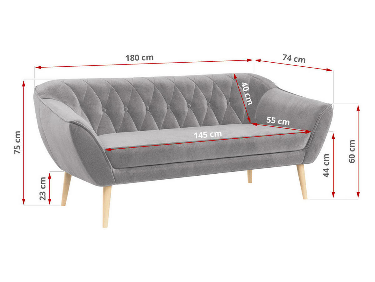 SOFA Pirs 3 Sitzer Velvet Hellgrau - Hellgrau/Braun, Holz/Textil (180/75/74cm) - MKS