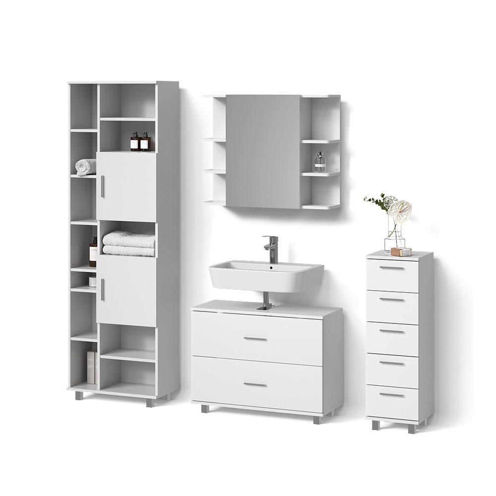 BADMÖBEL-SET Eisak Weiß 4 Teile, mit Hochschrank - Weiß, Holzwerkstoff (80/60/33cm) - Livinity®