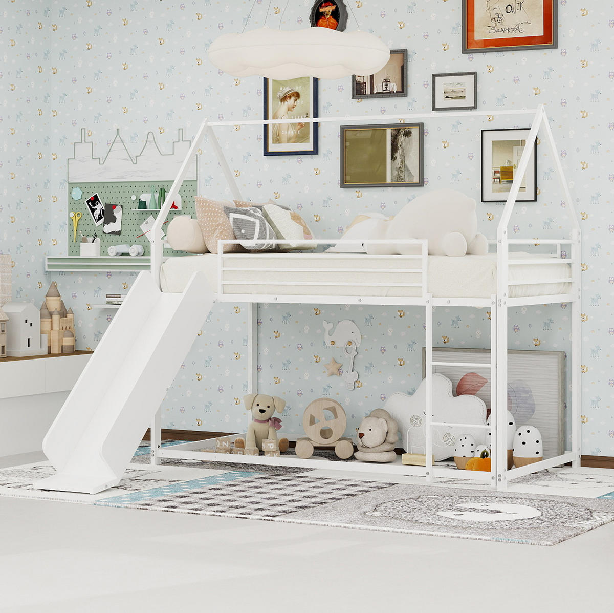 ETAGENBETT Hausdesign 90/190 cm Weiß mit Rutsche und Treppe - Weiß, Metall (90/190cm) - MIVRAY