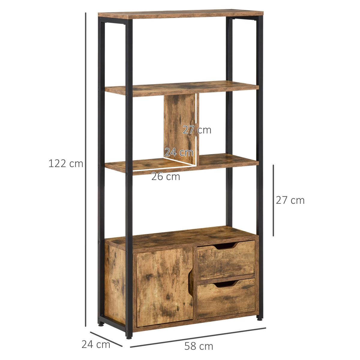 REGAL DE-15477 3 Ablagen + 1 Tür + 2 Schubladen Altwood/Schwarz - Braun, Holzwerkstoff (58/122/24cm) - ComfortXL