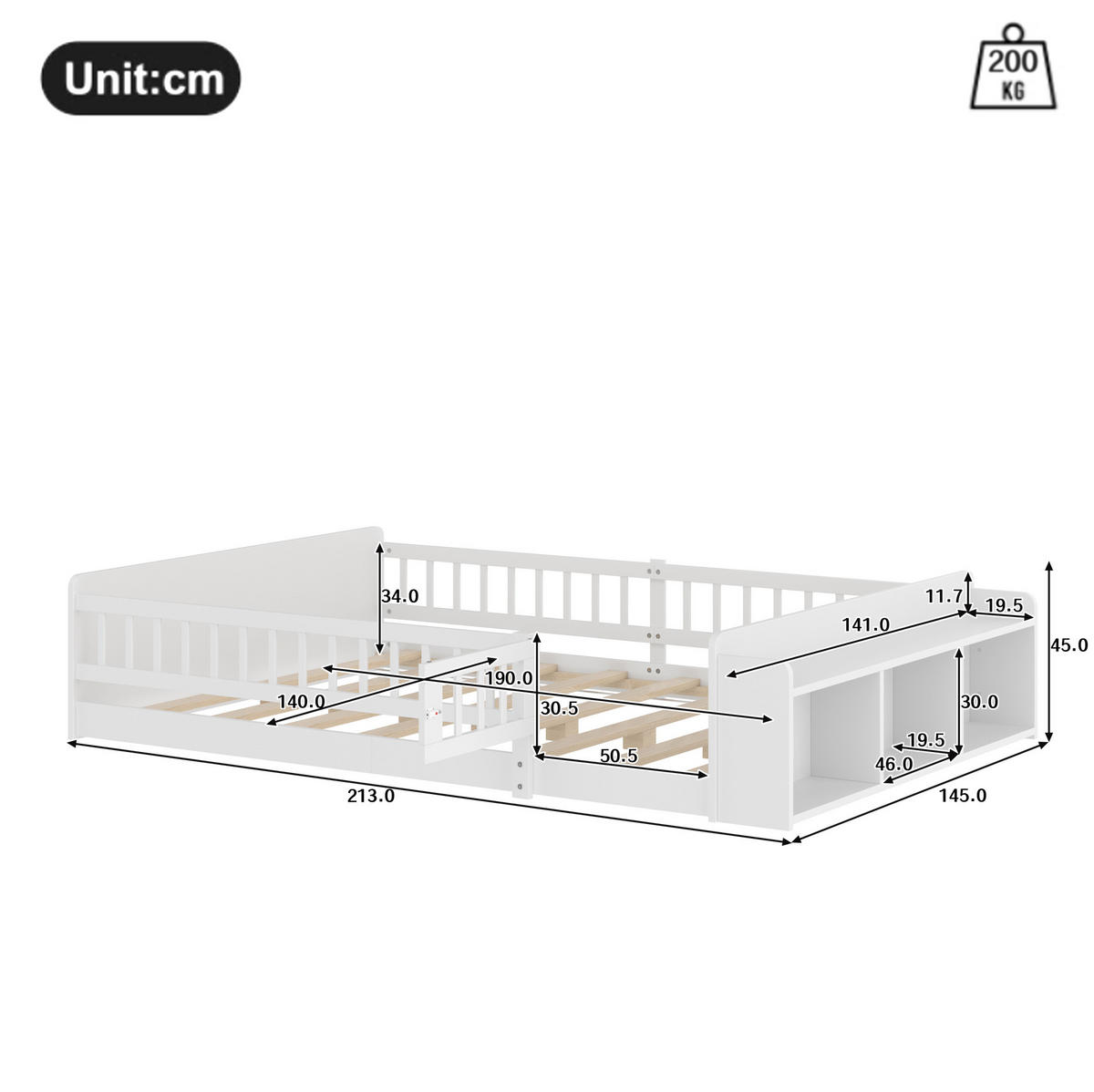 KINDERBETT aus Kiefernholz 140x190 cm Weiß mit offenem Stauraum, Regalen und öffnbarer Zauntür - Weiß, Holzwerkstoff (140/190cm) - Modfu