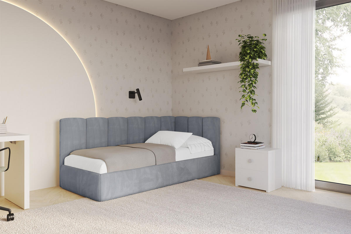 EINZELLBETT Jugendbett mit Bettkasten und Matratze H3/H4, Links - DEXY 90x200 Grau - Grau, Holzwerkstoff/Textil (90/200cm) - ALTDECOR