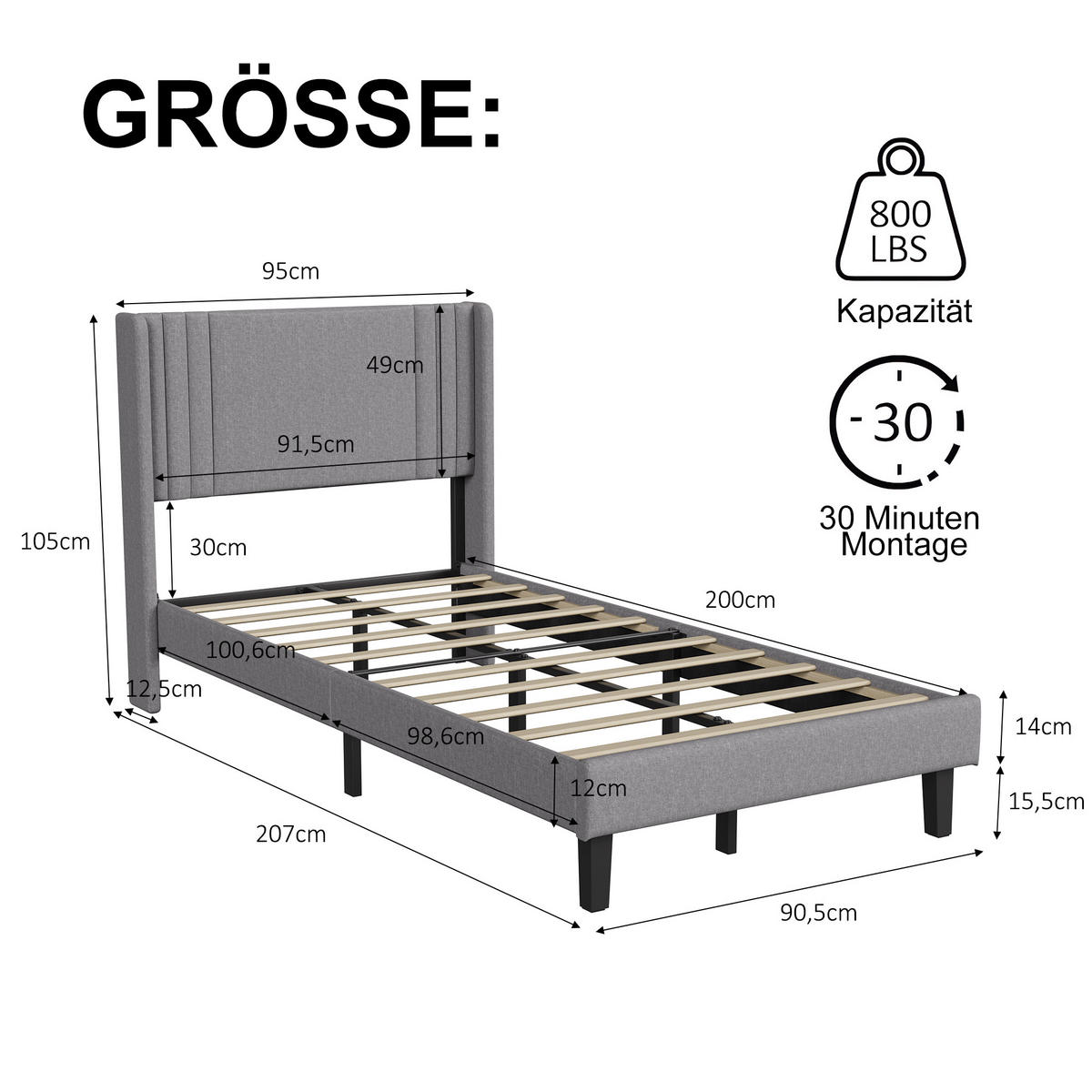 POLSTERBETT 90x200 cm Einzelbett mit Lattenrost, Leinenstoff Grau - Grau, Metall (90/200cm) - EuroLiving