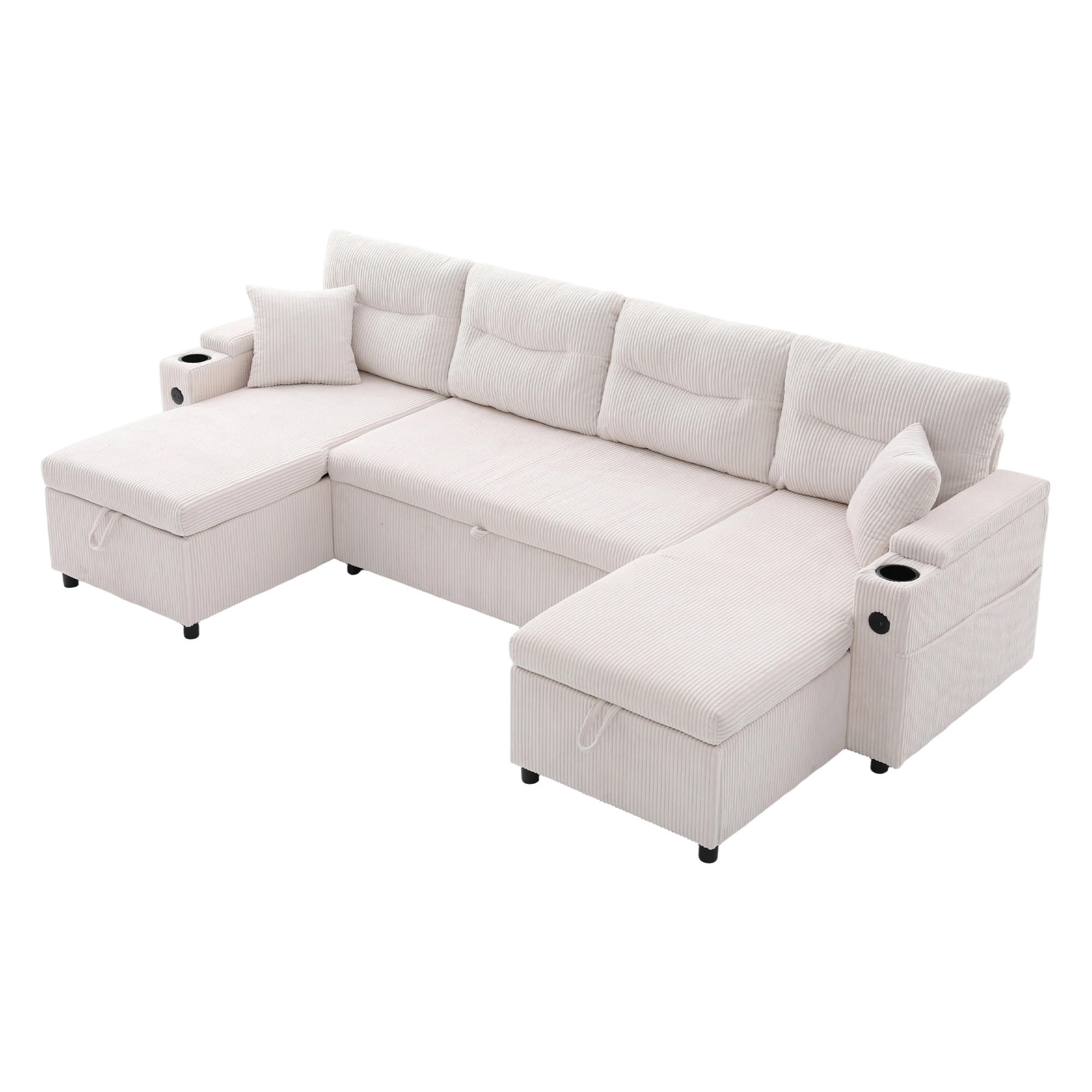 SCHLAFSOFA 4-Sitzer mit Chaiselongues, USB und Stauraum, Beige - Beige, Textil (272/86/136cm)