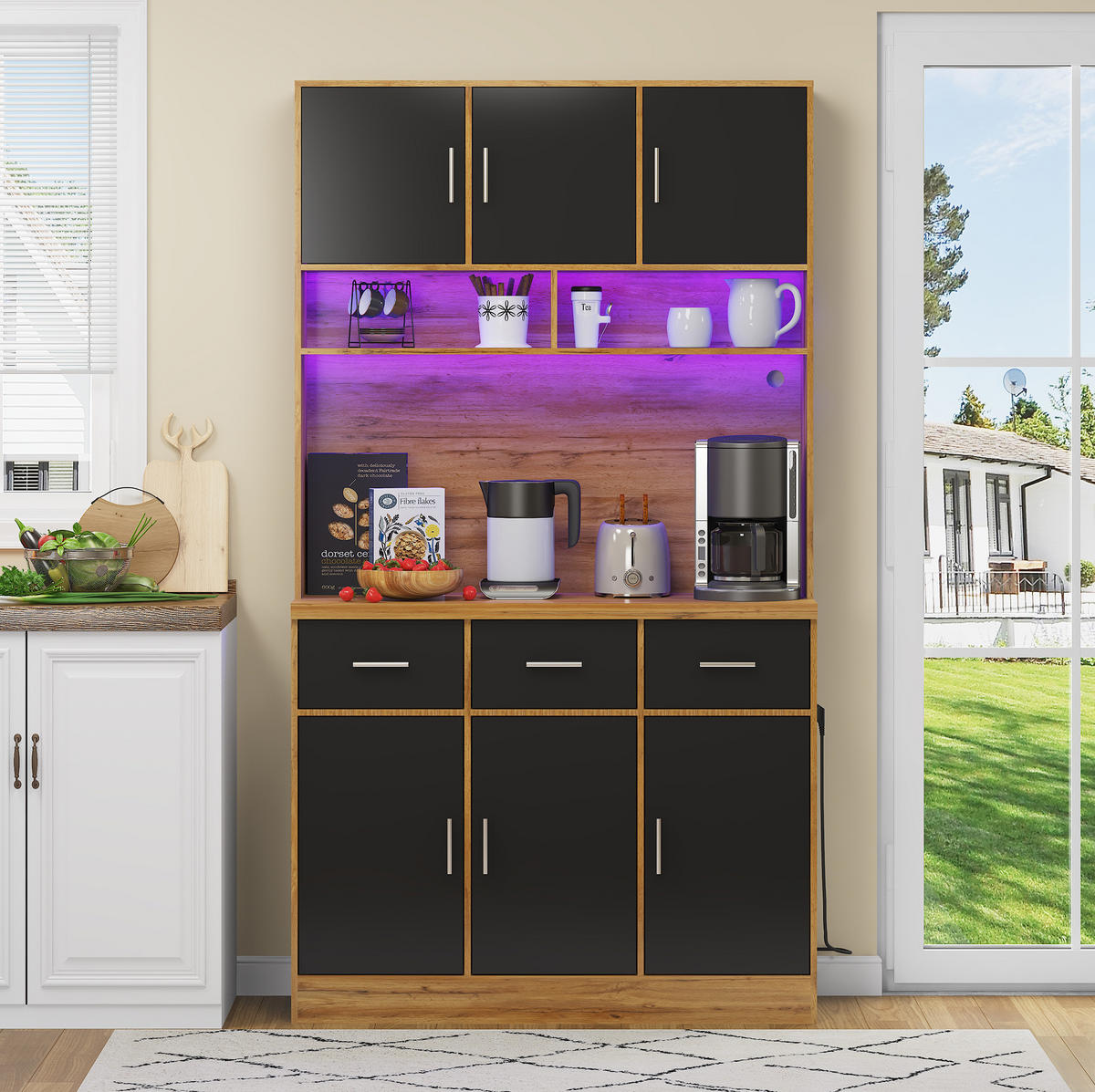 KUHINJSKI ormarić od MDF-a 100x40x180 cm prirodna i crna s LED rasvjetom, utičnicom, USB priključcima i ladicama - prirodne boje, drvni materijal (100/180/40cm) - Modfu