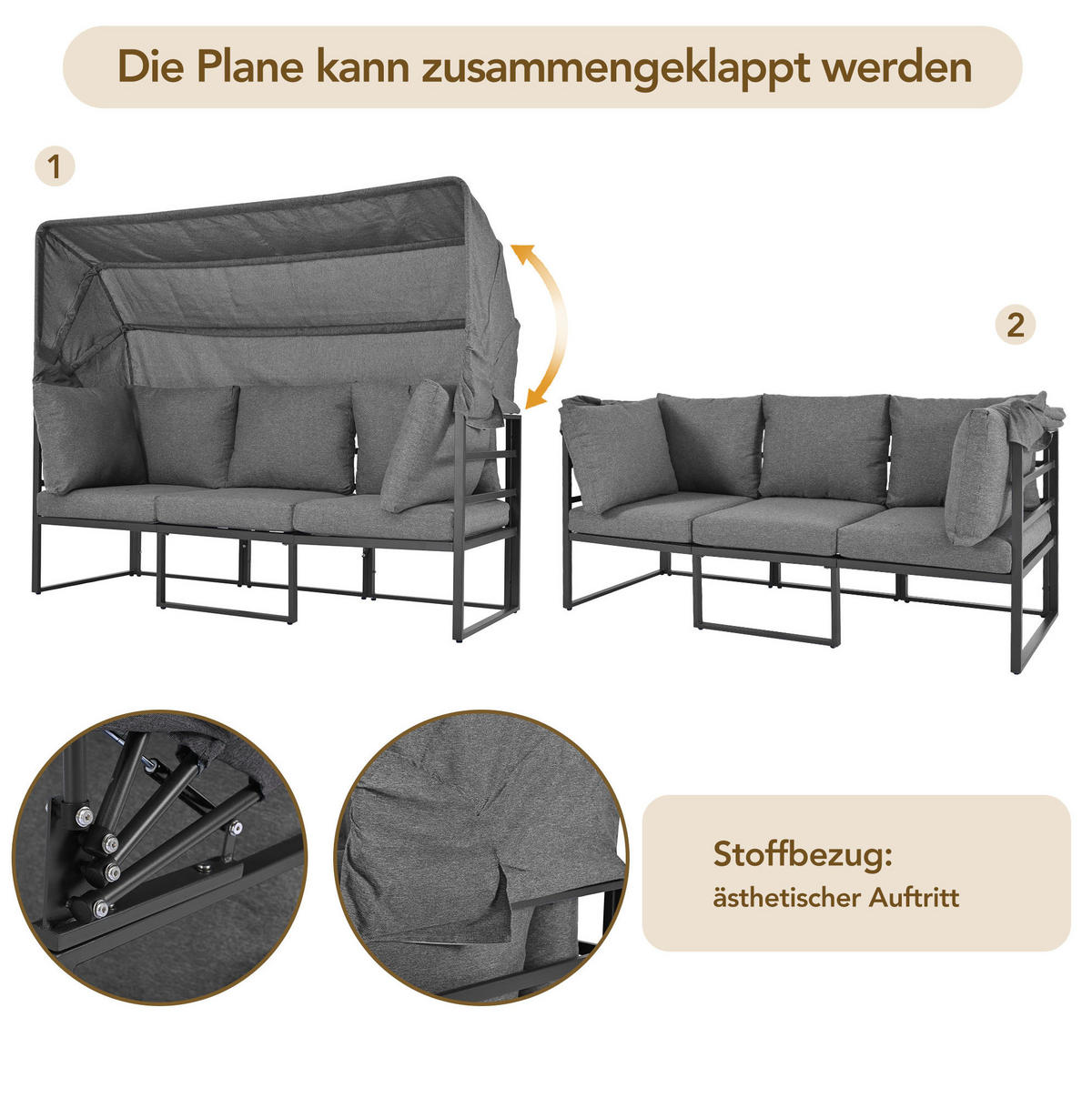 GARTENMÖBEL-SET 176/65/145 cm grau aus Eisen mit Sonnenschutz - Grau, Metall - OKWISH