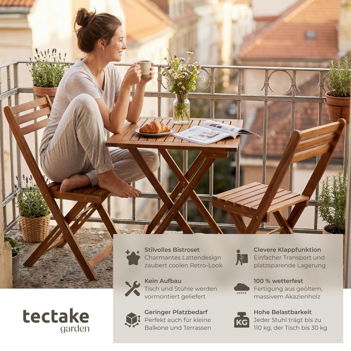 BISTROSET Sóller, massives Akazienholz, braun - Braun, Naturmaterialien/Holz - tectake