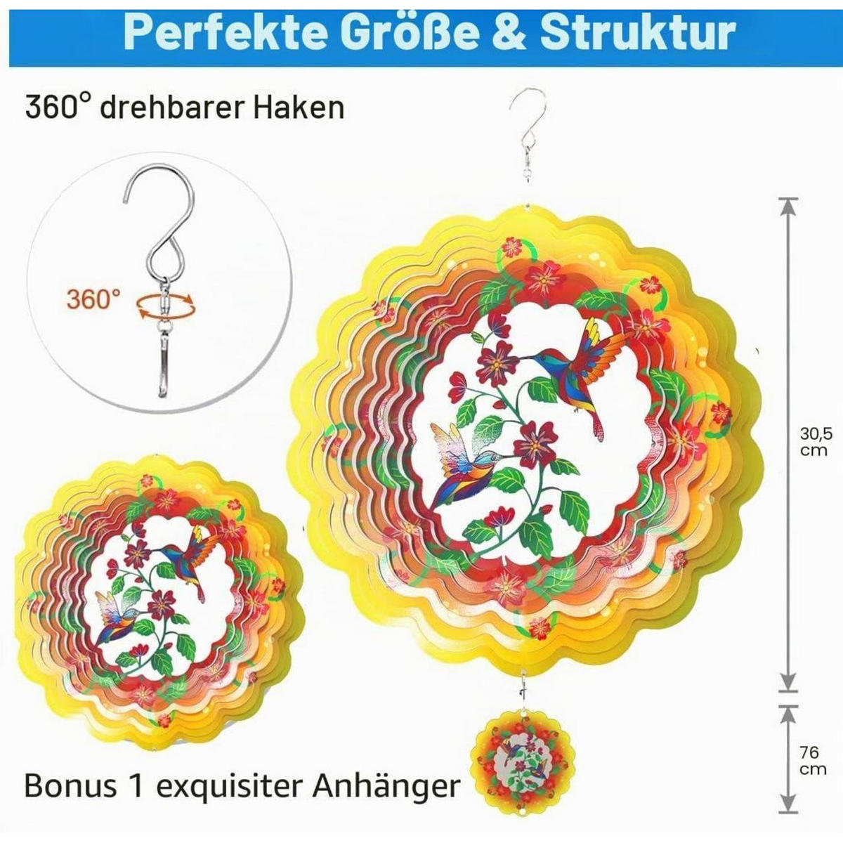 WINDSPIEL Kolibri 3D Edelstahl Gelb 30,5 cm - Multicolor, Metall (30.5/30.5/2cm)