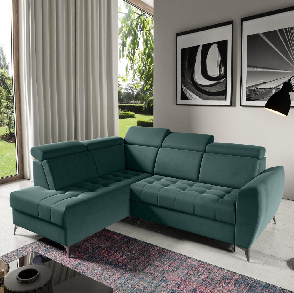 ECKSCHLAFSOFA Aurora II mit verstellbare Kopfstützen, Dunkelgrün, links - Dunkelgrün/Schwarz, Textil (266/204cm) - Beautysofa