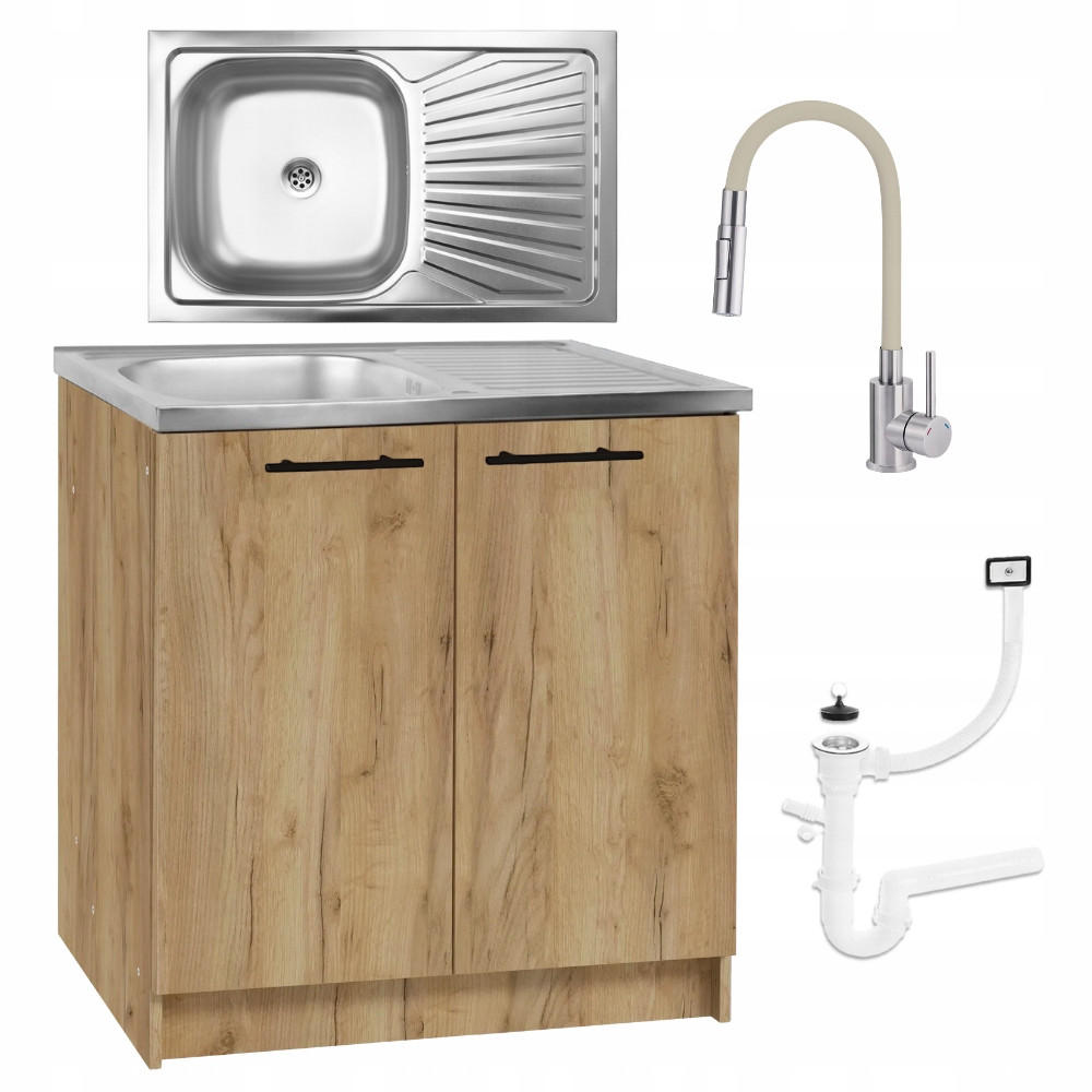 SPÜLUNTERSCHRANK 80cm mit Spüle + Armatur + Siphon Eichenfarbe - Eichefarben, Holzwerkstoff (80/82/50cm) - Stamar