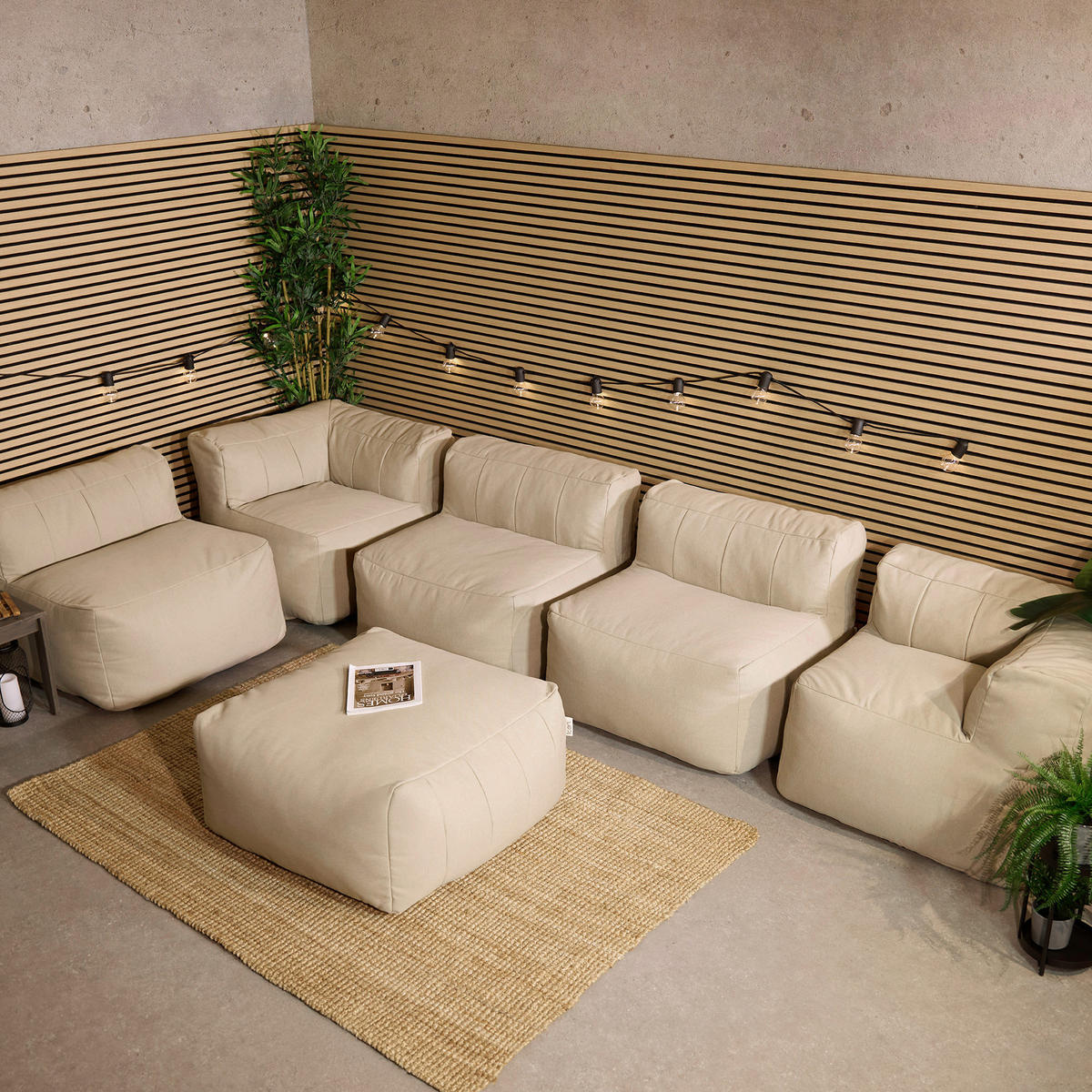 SITZSACK-SOFA Outdoor 6-tlg.: 2 Ecksessel, 3 Sessel, Fußstütze - Beige, Textil (485/68/100cm) - icon