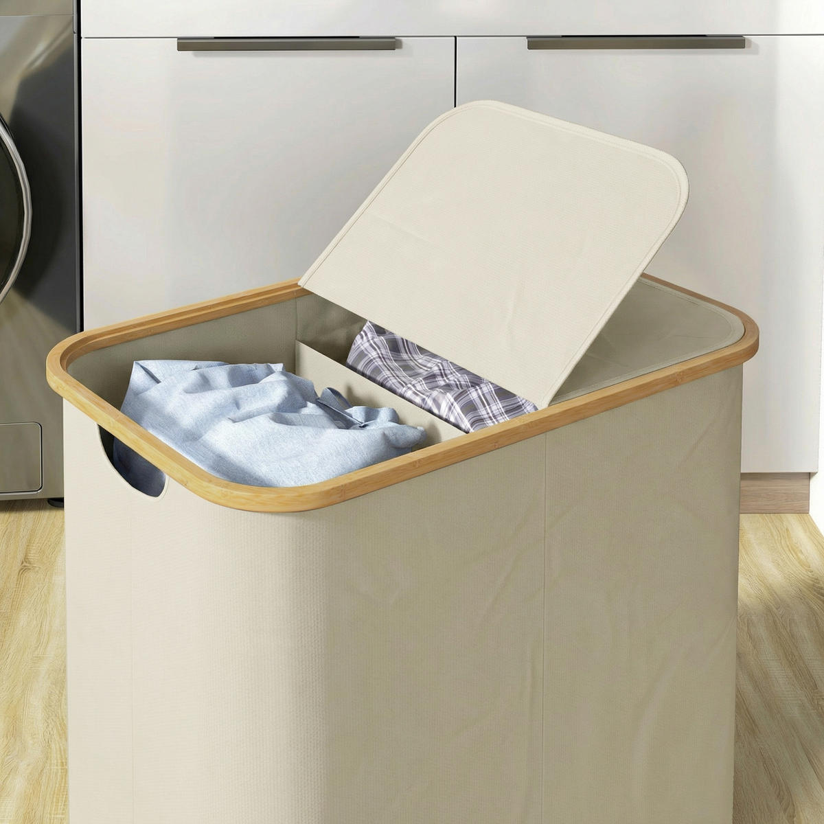 WÄSCHEKORB DE-18814 2 Fächer, 80L mit Deckel & klappbar Beige - Beige, Textil (54/58.5/34cm) - ComfortXL